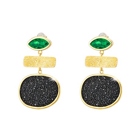 Cercei argint placat cu aur galben de 18 K eleganti cu cristale caviar negre si pietre verzi Sunset Bis, 03X05-03196, Oxette Romania