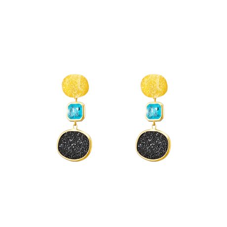 Cercei argint placat cu aur galben de 18 K lungi si cu cristale caviar negre si pietre aqua Sunset Bis, 03X05-03197, Oxette Romania